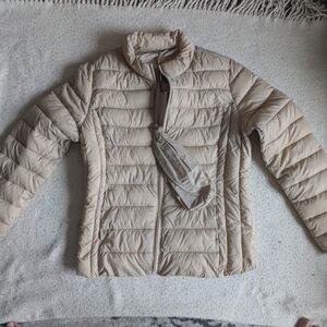 Tan Quilted Puffer Jacket with Stand-Up Collar NWT
